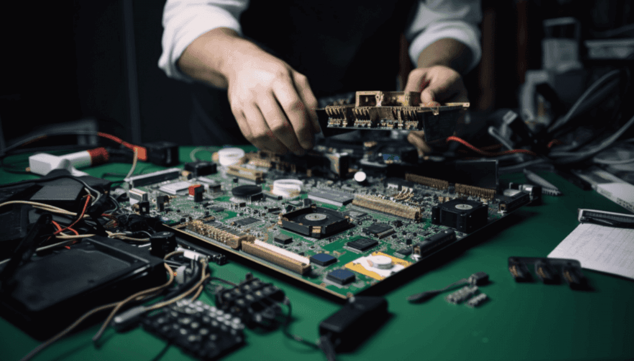 Person assembling electronic components on a large circuit board at a workbench.